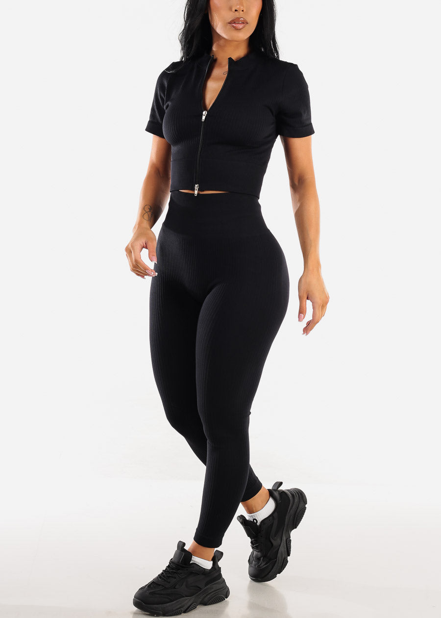 Black High Waist Sweetheart Butt Leggings w Zip up Crop Top (2pc Set)