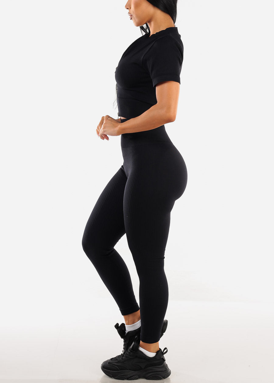 Black High Waist Sweetheart Butt Leggings w Zip up Crop Top (2pc Set)