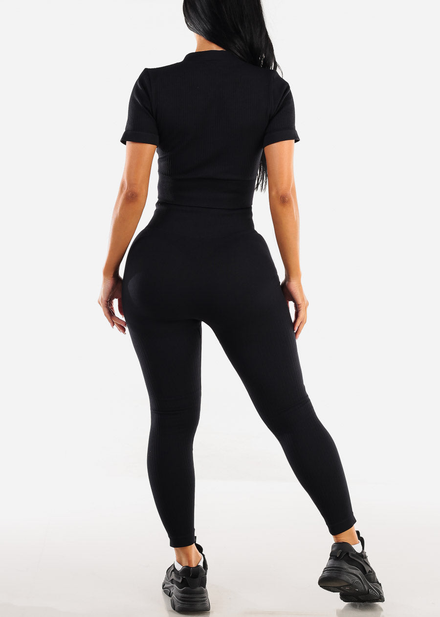 Black High Waist Sweetheart Butt Leggings w Zip up Crop Top (2pc Set)