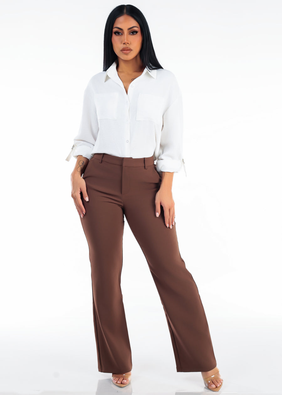 Butt Lift Super High Waist Straight Wide Leg Stretch Dress Pants Brown, view 2 of 6