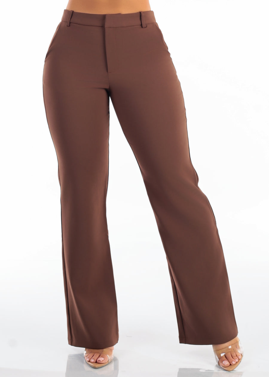 Butt Lift Super High Waist Straight Wide Leg Stretch Dress Pants Brown, view 3 of 6