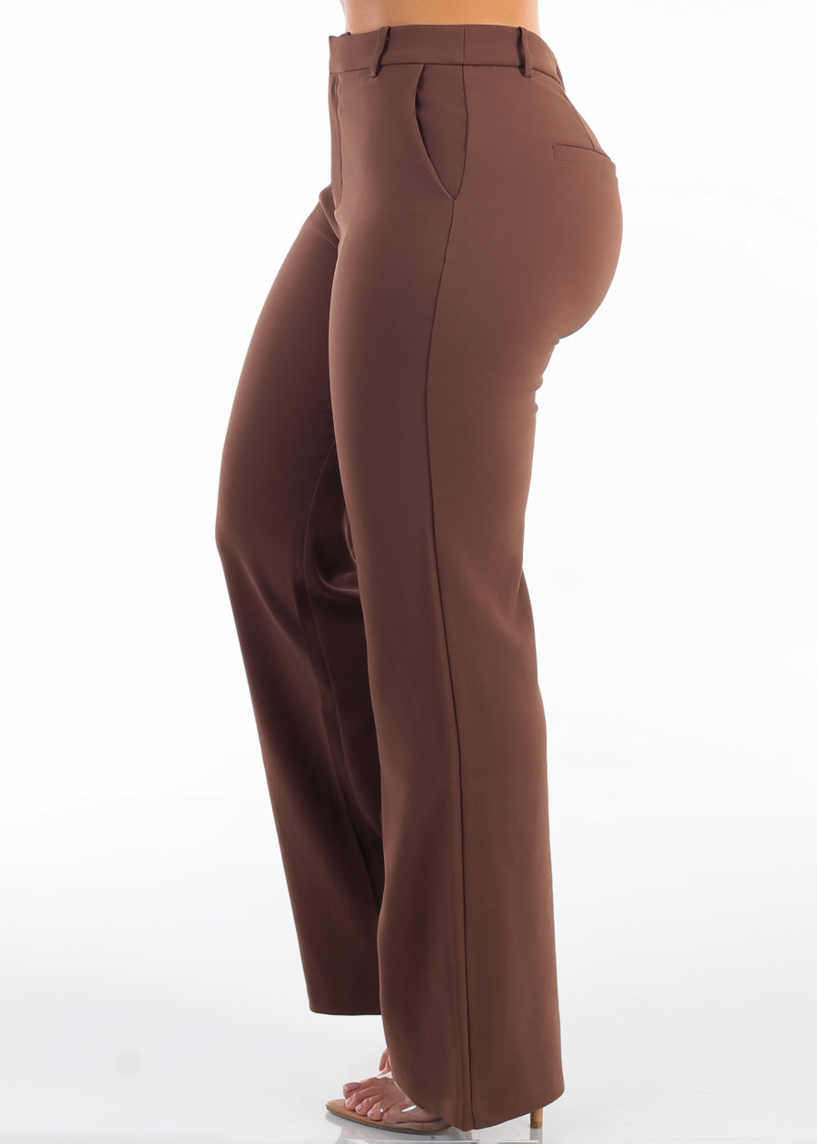 Butt Lift Super High Waist Straight Wide Leg Stretch Dress Pants Brown, view 4 of 6