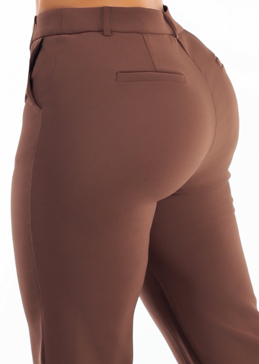Butt Lift Super High Waist Straight Wide Leg Stretch Dress Pants Brown, view 5 of 6
