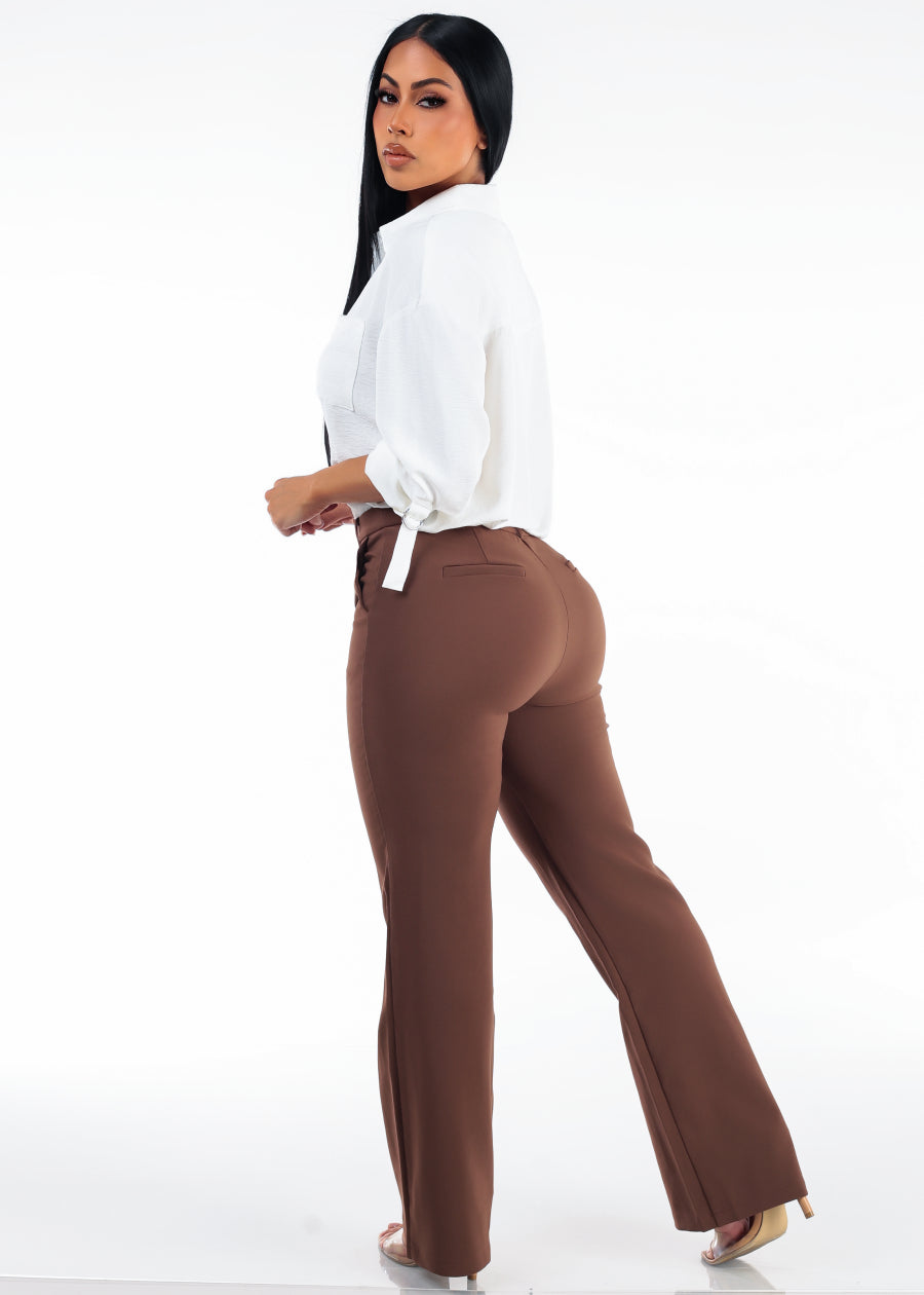 Butt Lift Super High Waist Straight Wide Leg Stretch Dress Pants Brown, view 6 of 6