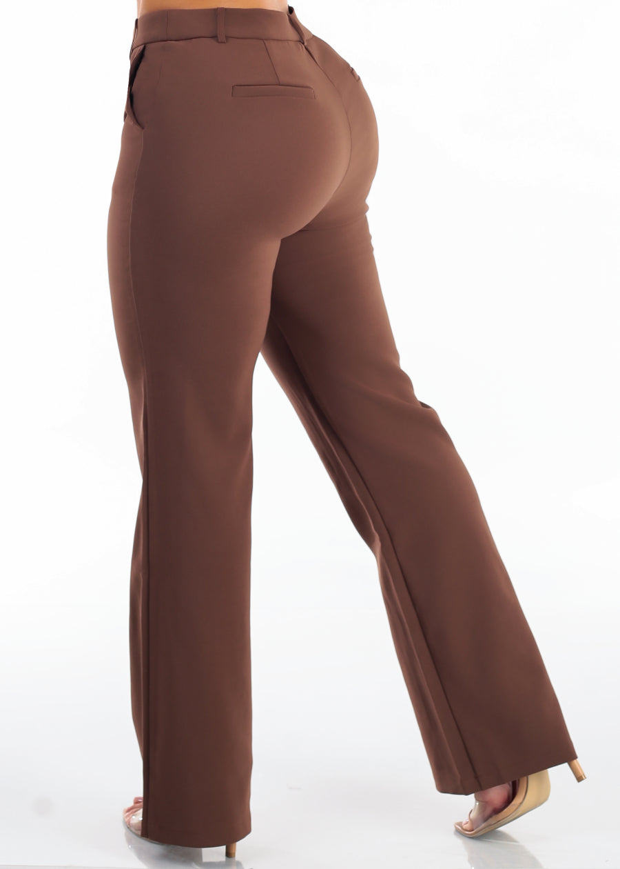 Butt Lift Super High Waist Straight Wide Leg Stretch Dress Pants Brown, view 1 of 6