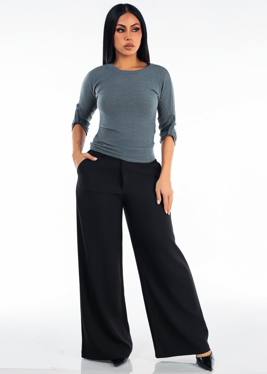 Butt Lift Super High Waist Wide Leg Dress Pants Black, view 2 of 6