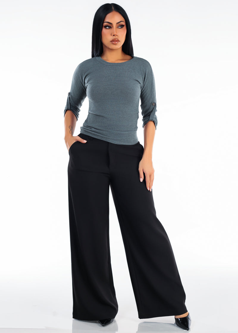 Butt Lift Super High Waist Wide Leg Dress Pants Black