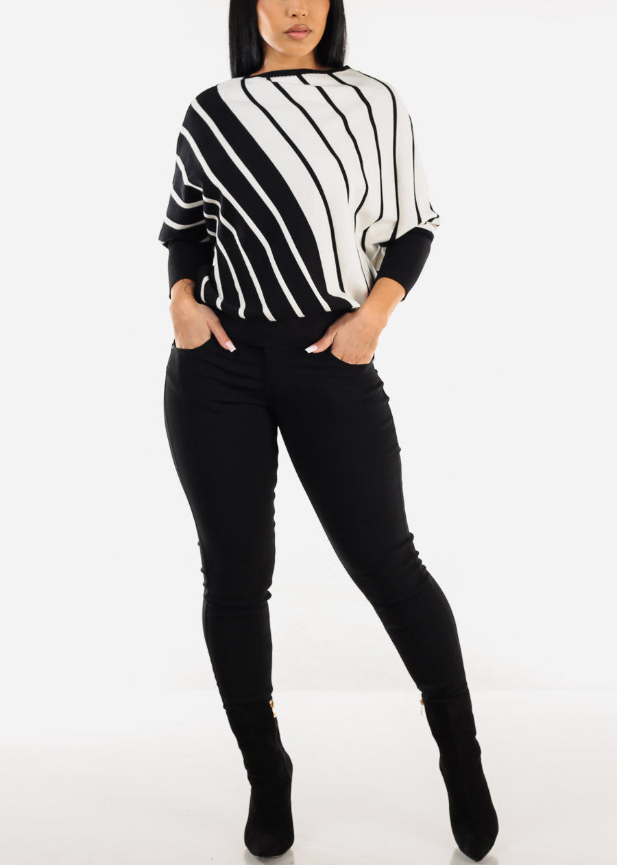 Quarter Sleeve Boat Neckline Stripe Sweater B&W