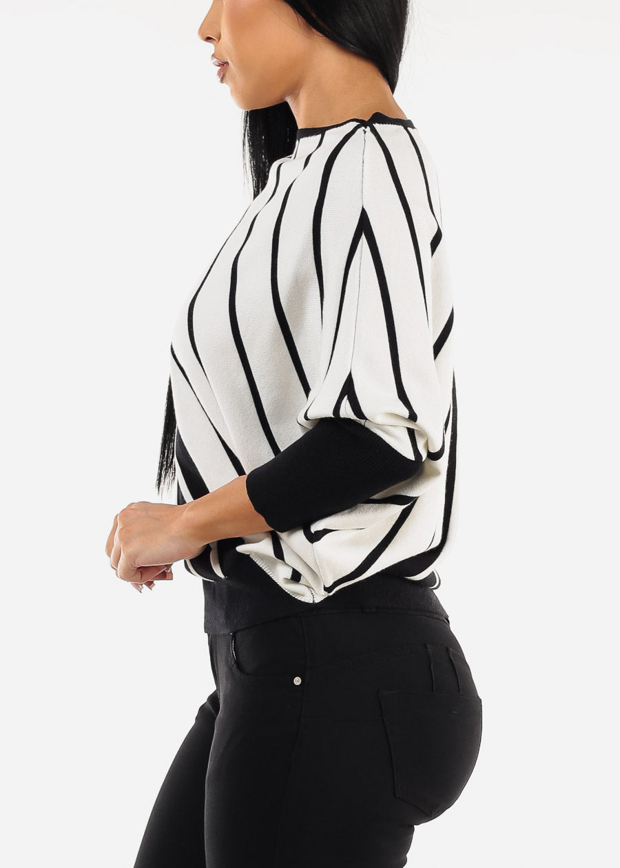 Quarter Sleeve Boat Neckline Stripe Sweater B&W