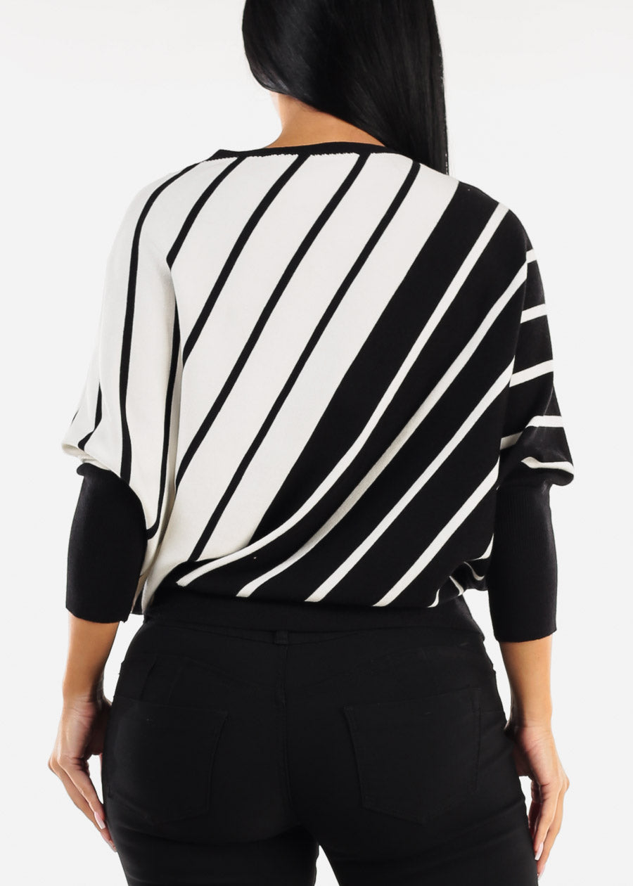 Quarter Sleeve Boat Neckline Stripe Sweater B&W