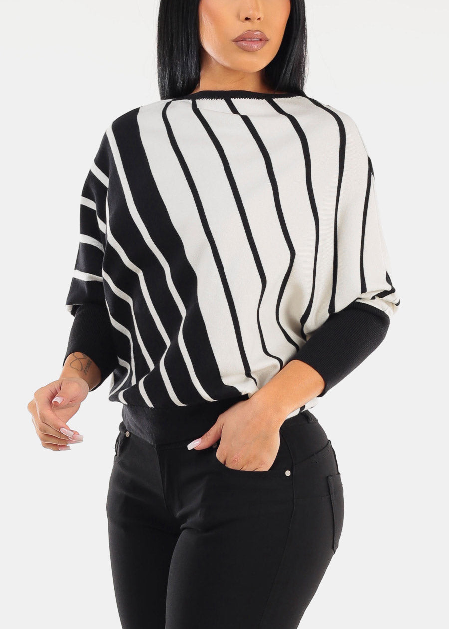 Quarter Sleeve Boat Neckline Stripe Sweater B&W