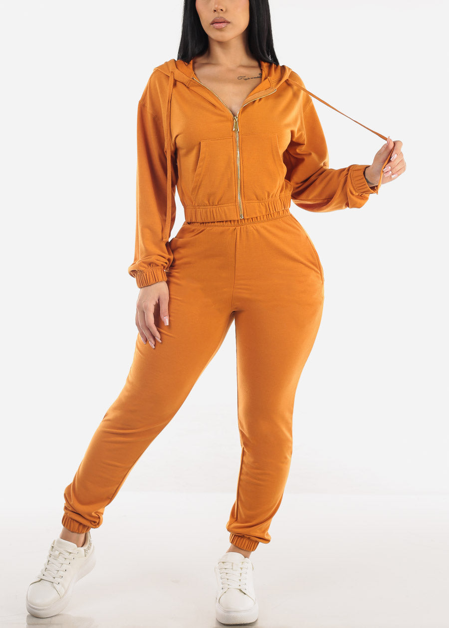 Cropped Zip Up Hoodie & Jogger Pants Tangerine (2 PCE SET)