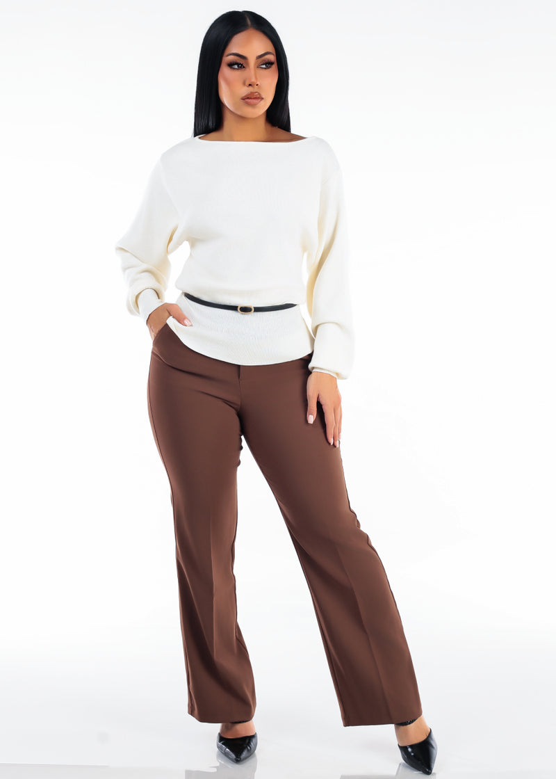 Butt Lift Super High Waist Wide Leg Stretch Dress Pants Brown