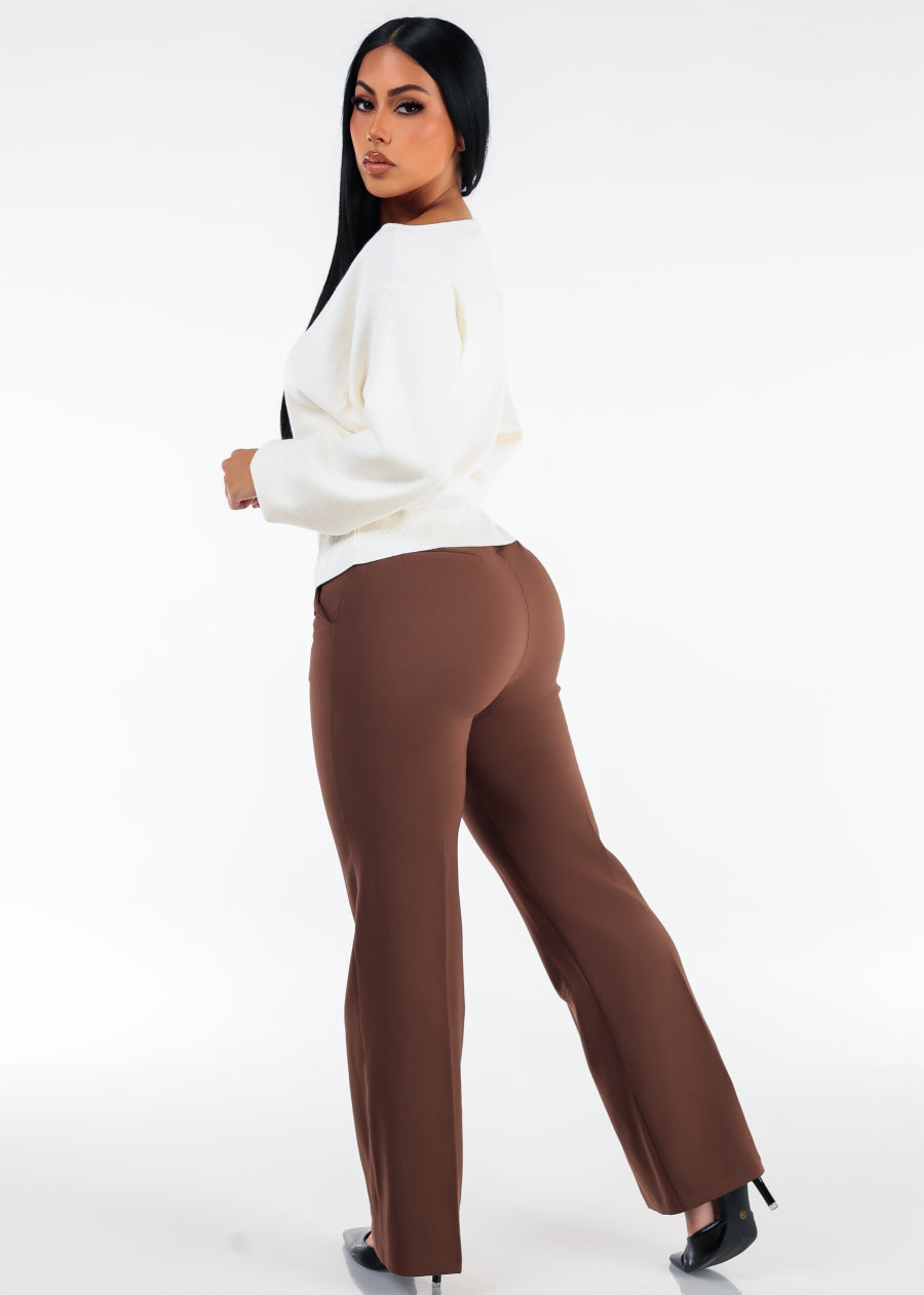 Butt Lift Super High Waist Wide Leg Stretch Dress Pants Brown, view 6 of 6