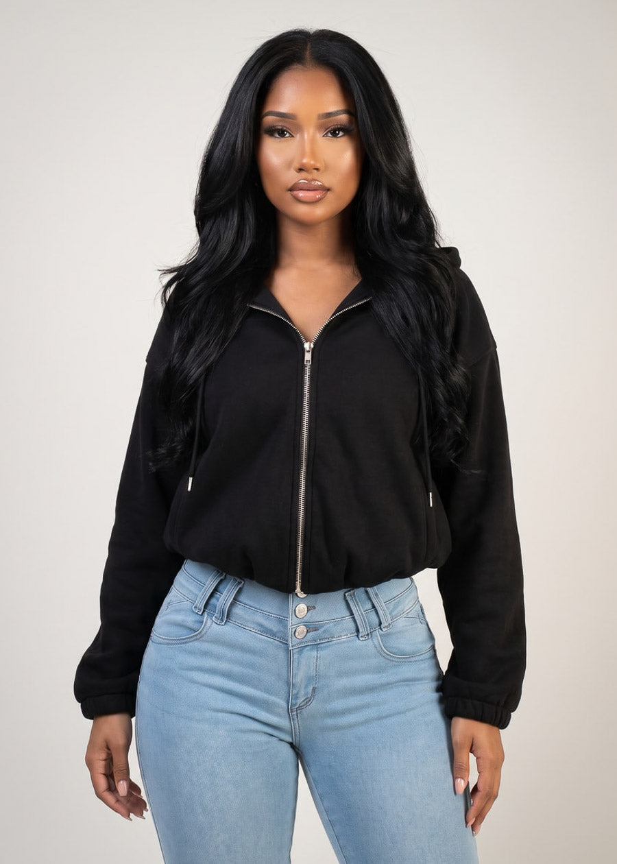 Long Sleeve Zip Up Bomber Jacket Black w Hoody, view 1 of 2