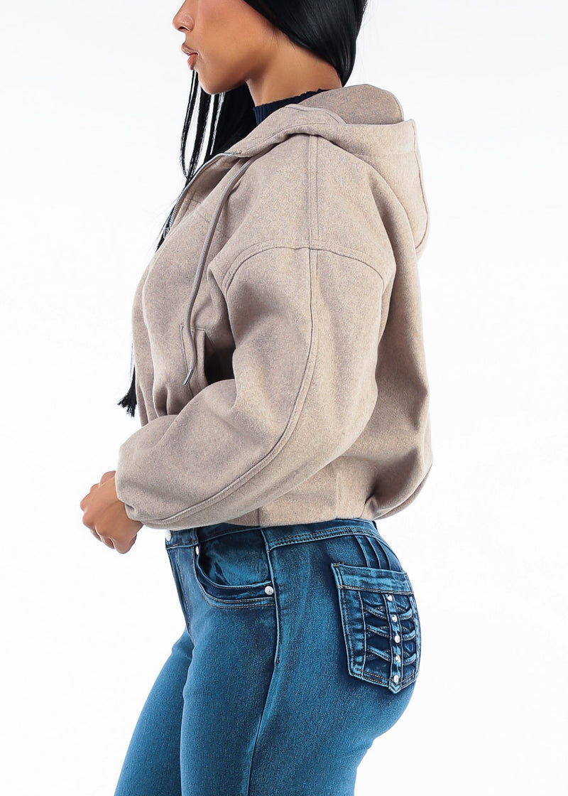 Long Sleeve Zip Up Bomber Jacket Oatmeal w Hoody