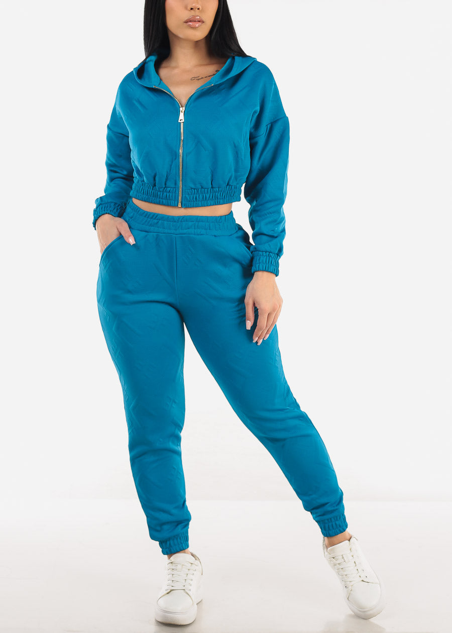 Crop Zip Up Jacket & Jogger Pants Blue (2 PCE SET)