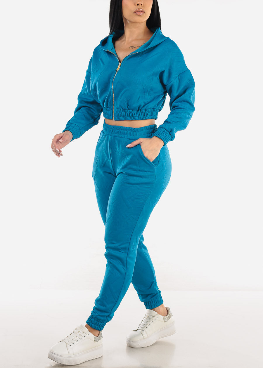 Crop Zip Up Jacket & Jogger Pants Blue (2 PCE SET)