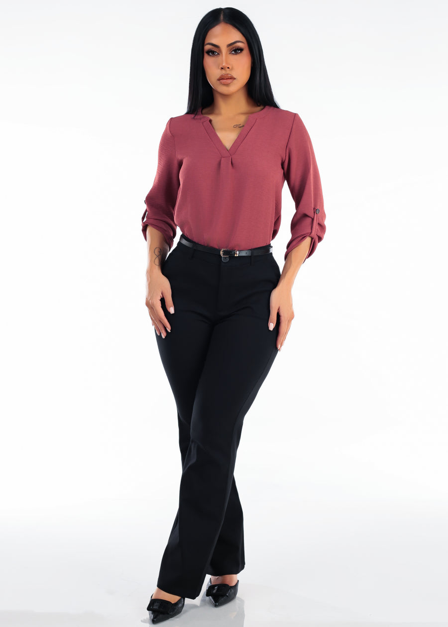 Butt Lift High Waisted Flared Stretch Dress Pants Black w Belt, view 2 of 6