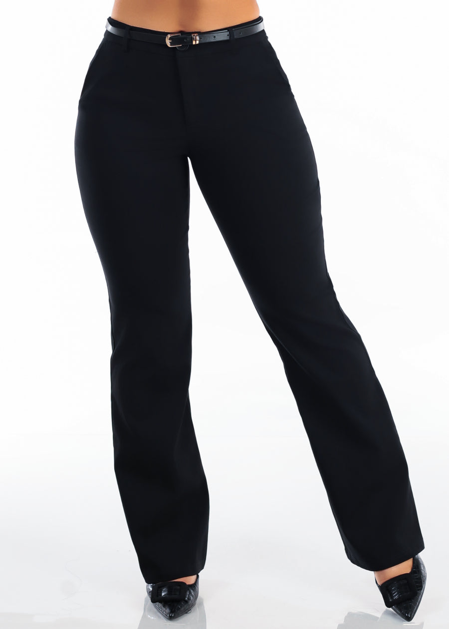 Butt Lift High Waisted Flared Stretch Dress Pants Black w Belt, view 3 of 6