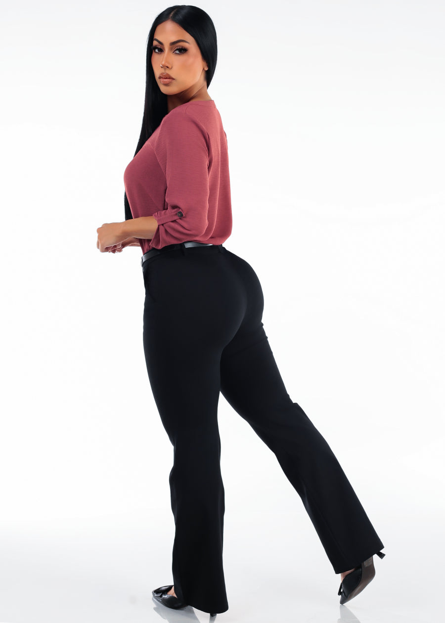 Butt Lift High Waisted Flared Stretch Dress Pants Black w Belt, view 6 of 6
