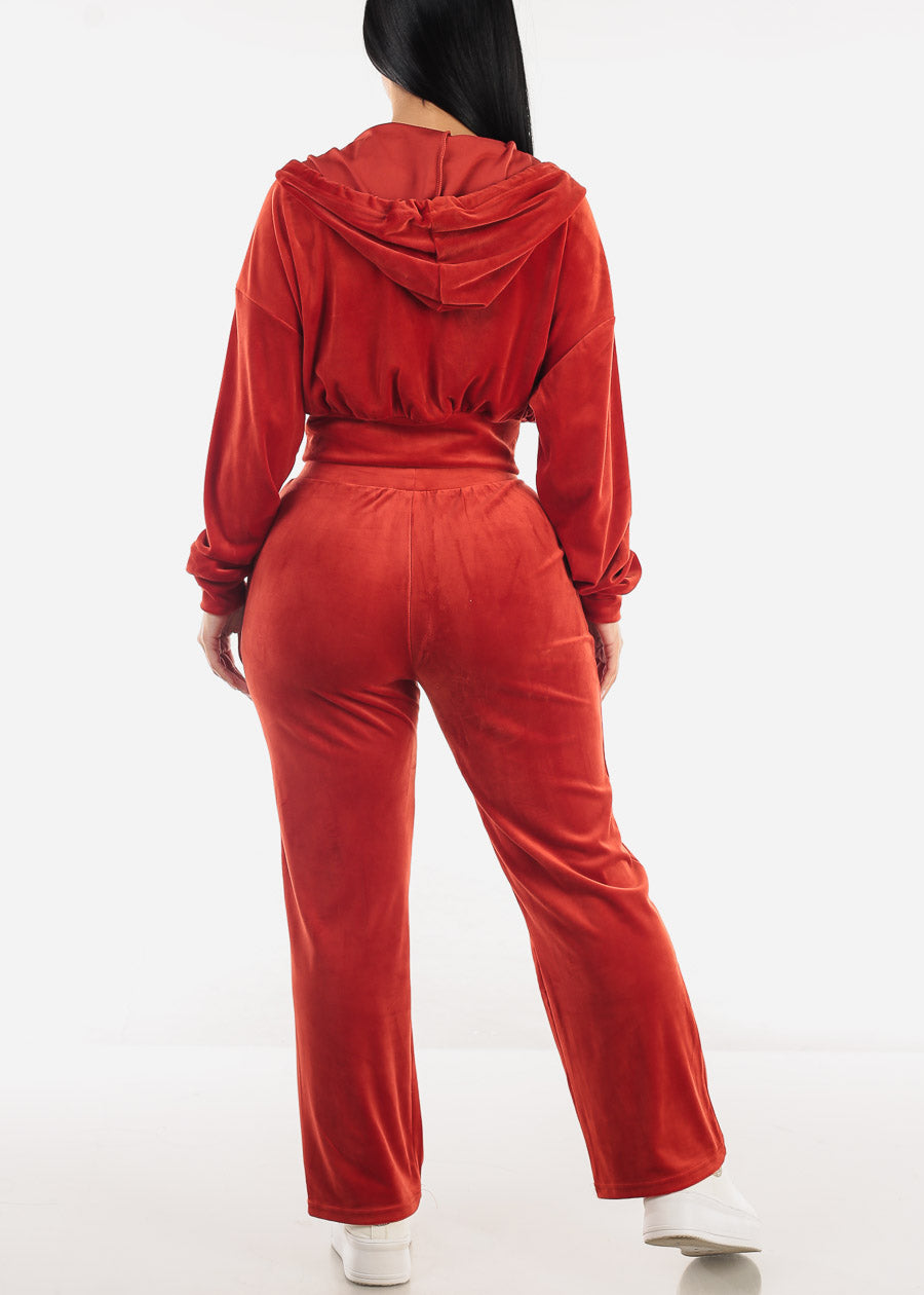 Hooded Zip Up Velvet Tracksuit Red (2 PCE SET)