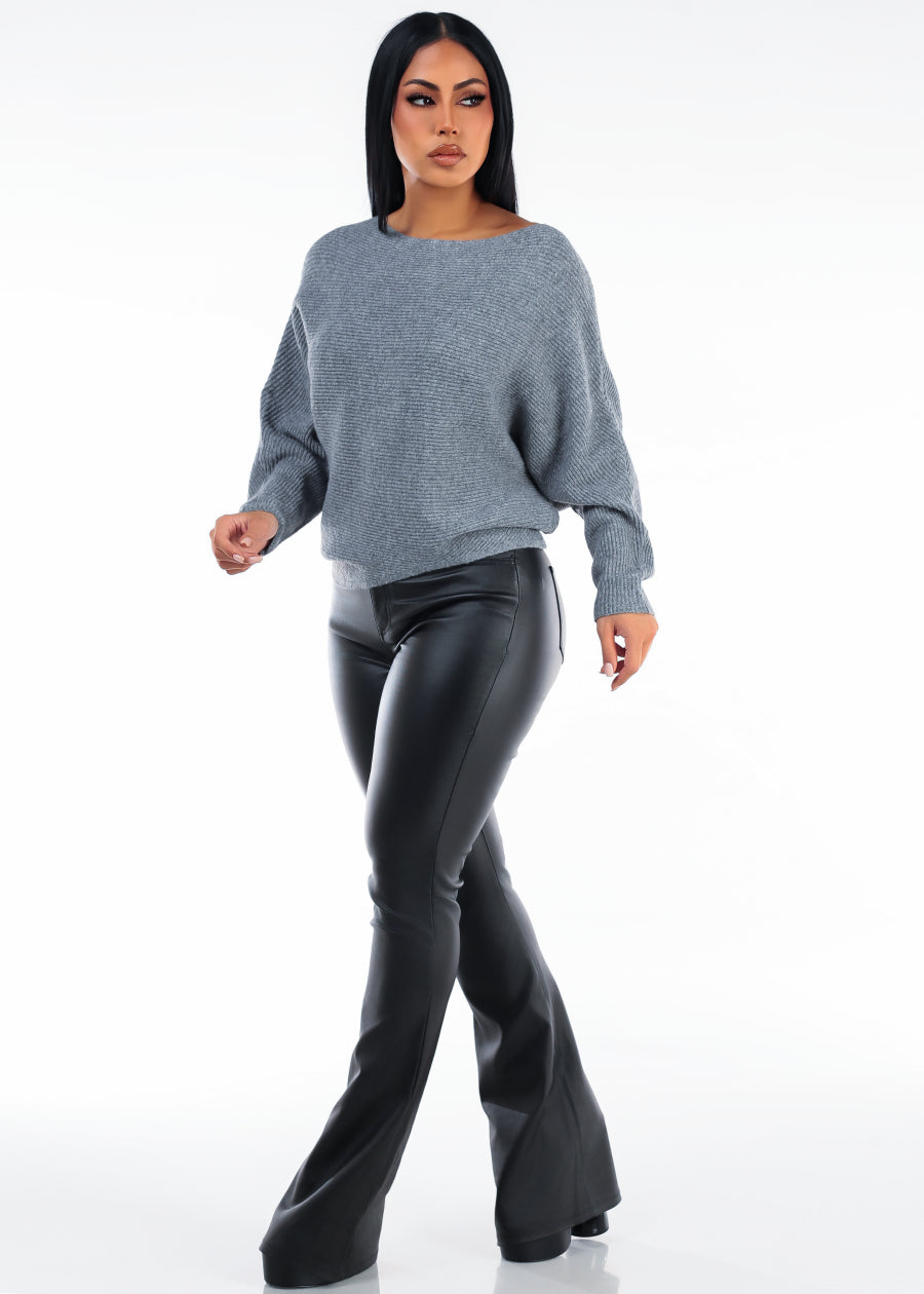 Super High Waist Coated Bell Bottom Stretch Pants Black, view 2 of 5