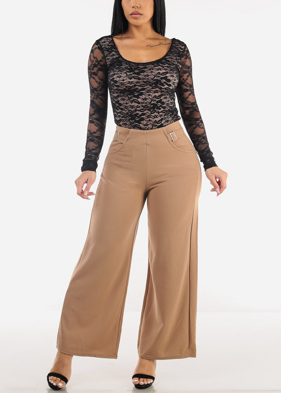 Super High Waist Wide Leg Dressy Pants Taupe