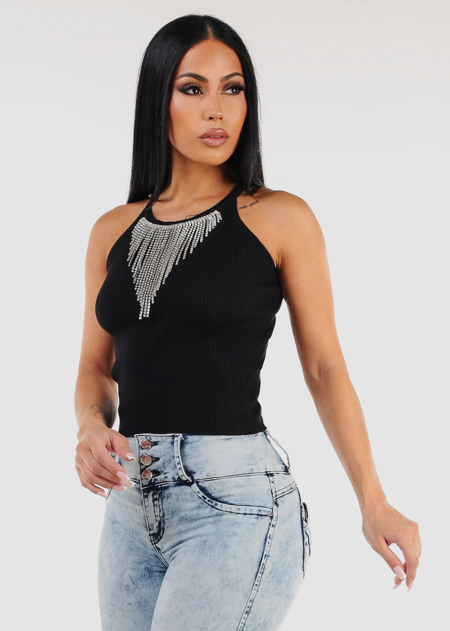 Black Seamless Halter Top w Rhinestone Detail