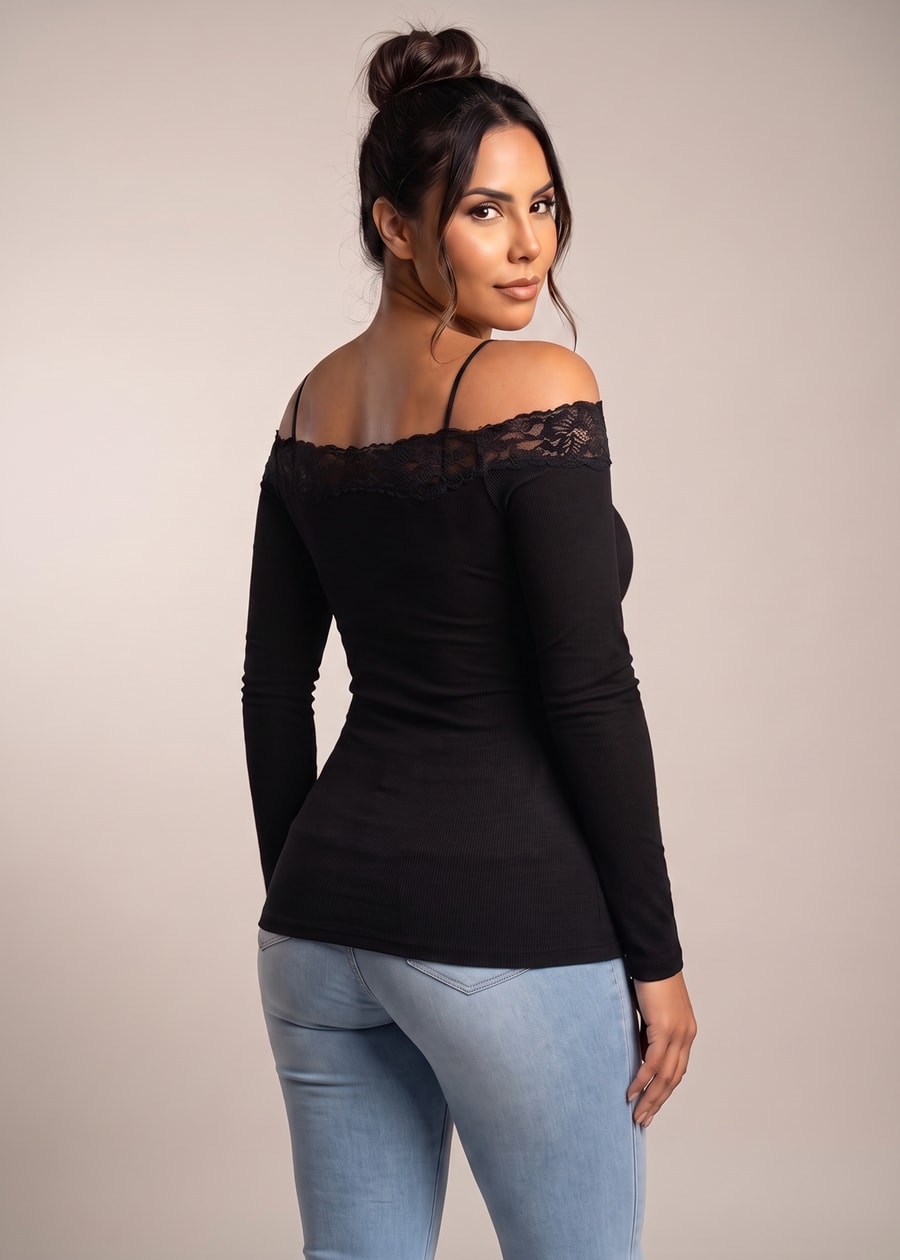 Long Sleeve Off Shoulder Ribbed Stretch Top Black, view 2 of 4