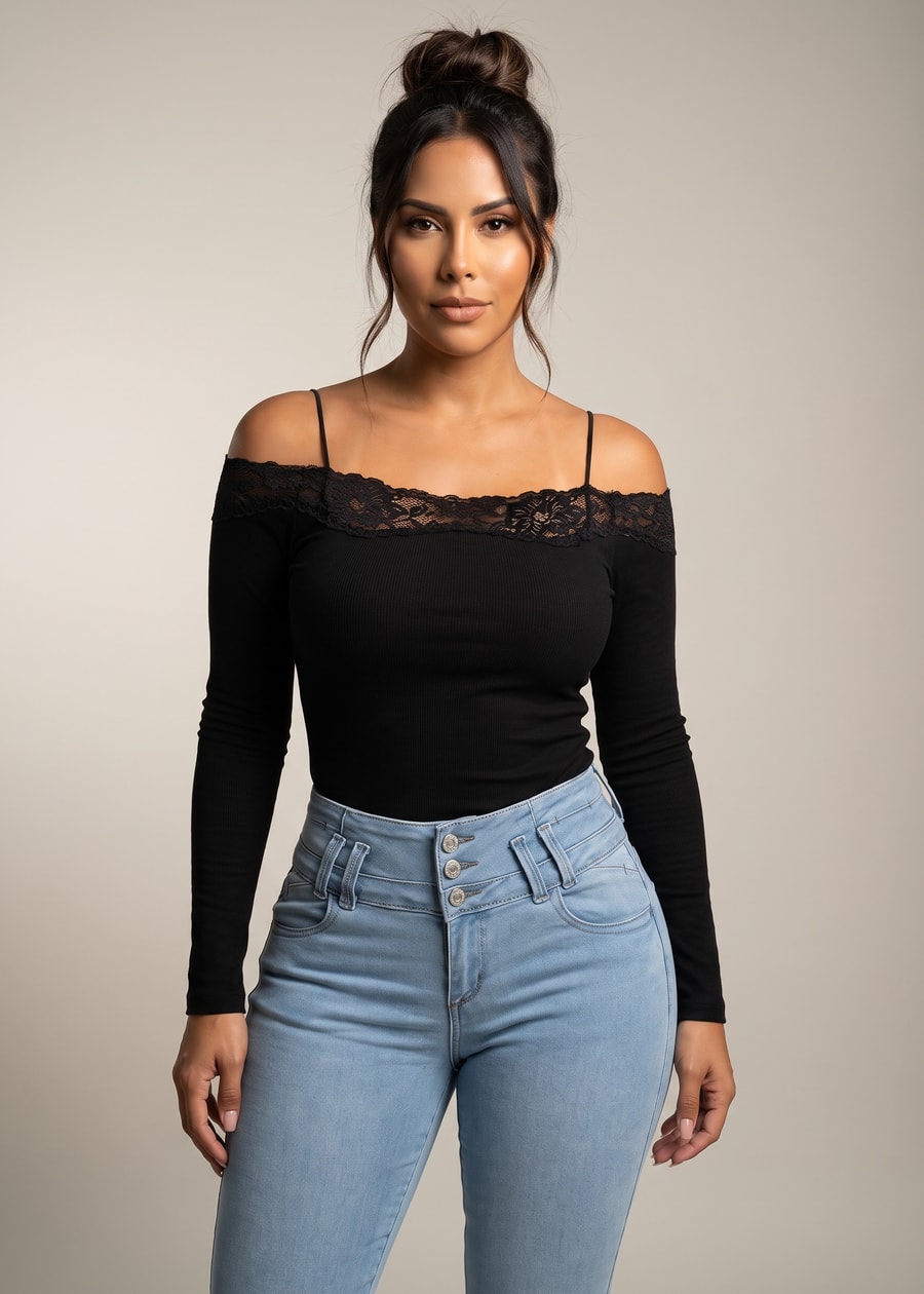 Long Sleeve Off Shoulder Ribbed Stretch Top Black, view 3 of 4