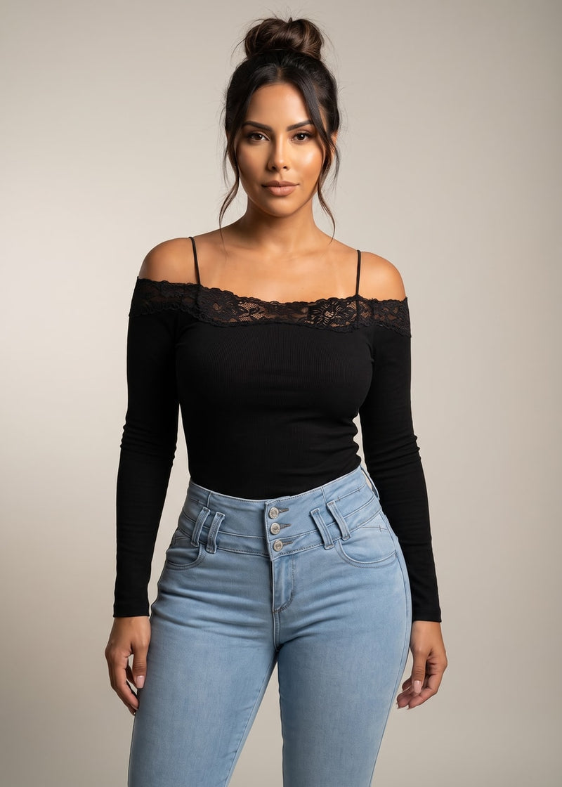 Long Sleeve Off Shoulder Ribbed Stretch Top Black