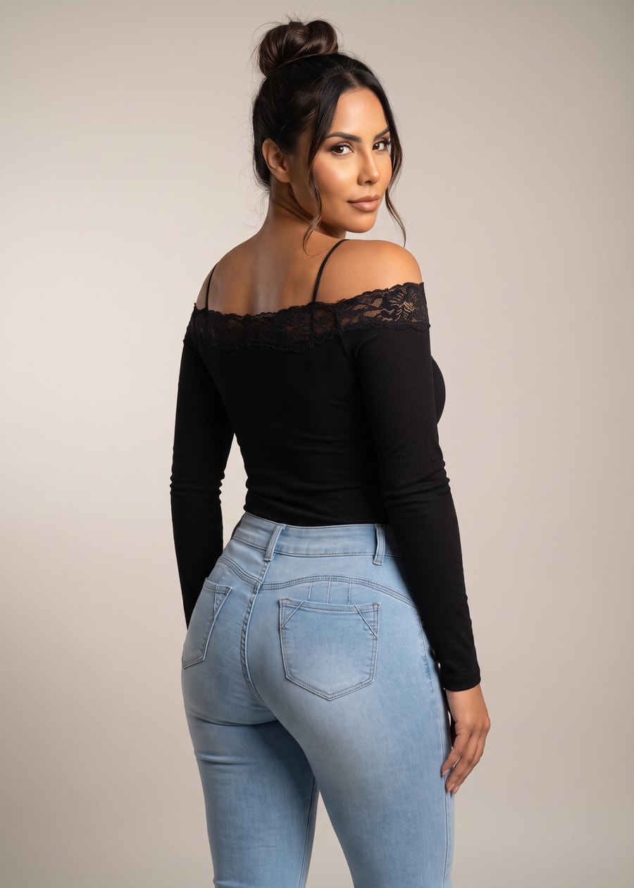 Long Sleeve Off Shoulder Ribbed Stretch Top Black, view 4 of 4