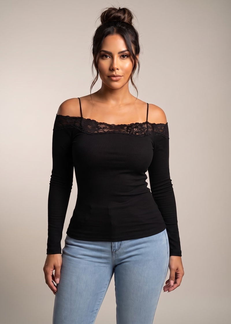 Long Sleeve Off Shoulder Ribbed Stretch Top Black