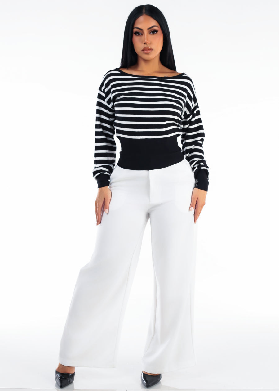 Long Sleeve Boat Neckline Stripe Sweater B&W, view 2 of 4
