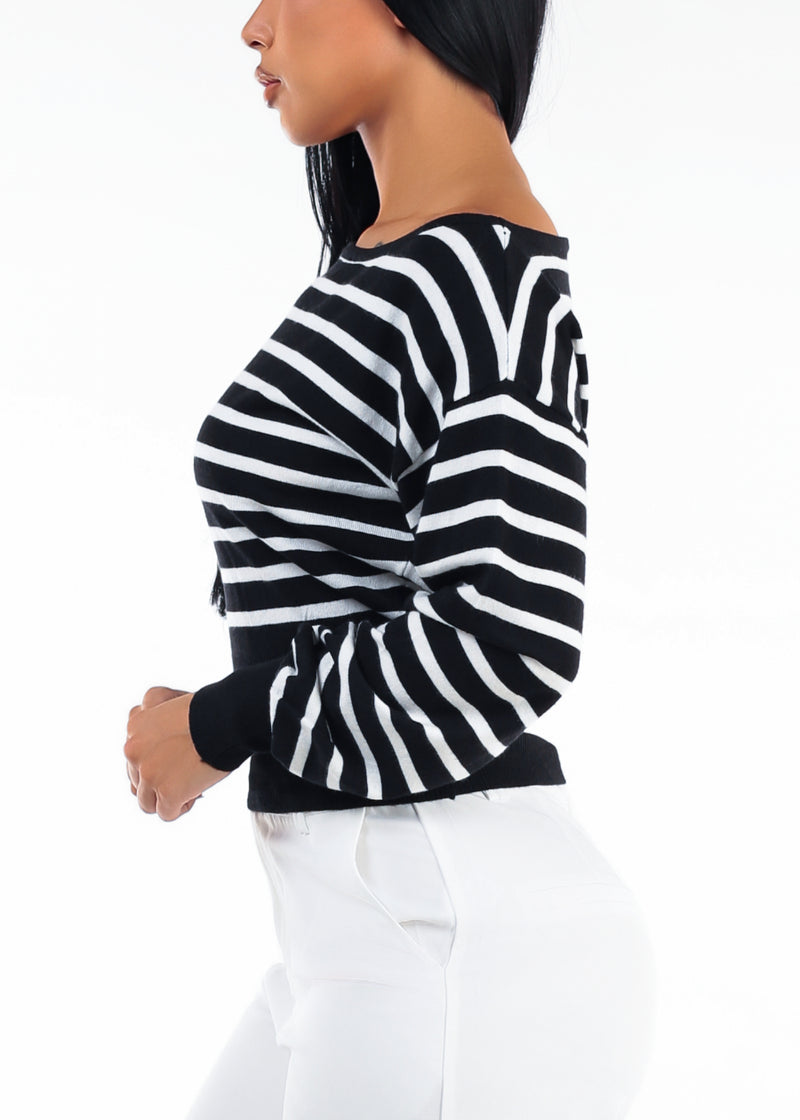 Long Sleeve Boat Neckline Stripe Sweater B&W