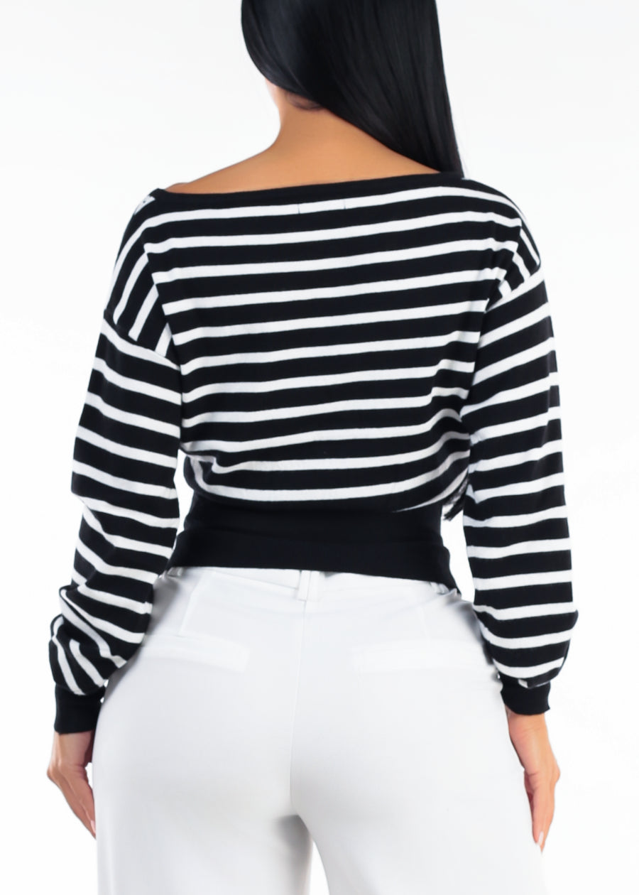 Long Sleeve Boat Neckline Stripe Sweater B&W, view 4 of 4