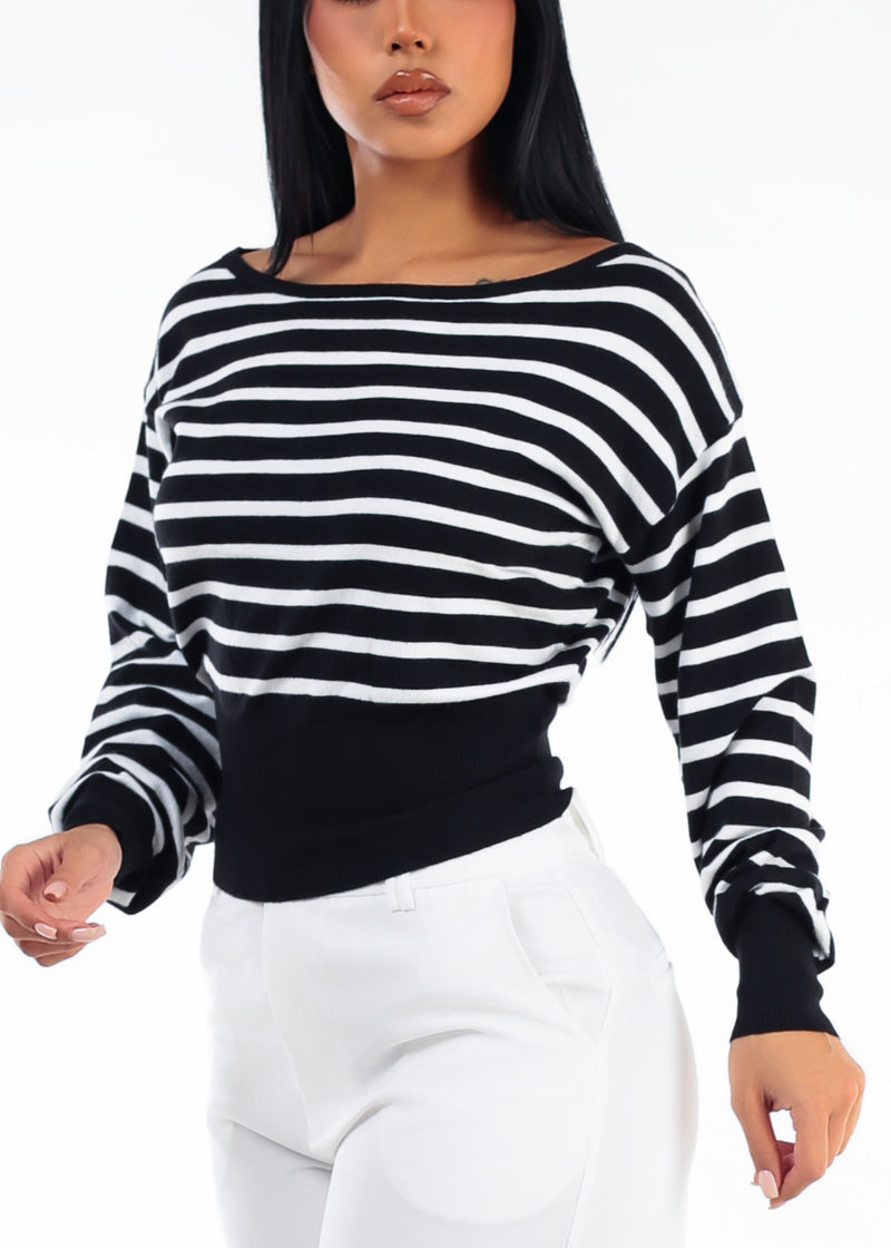 Long Sleeve Boat Neckline Stripe Sweater B&W