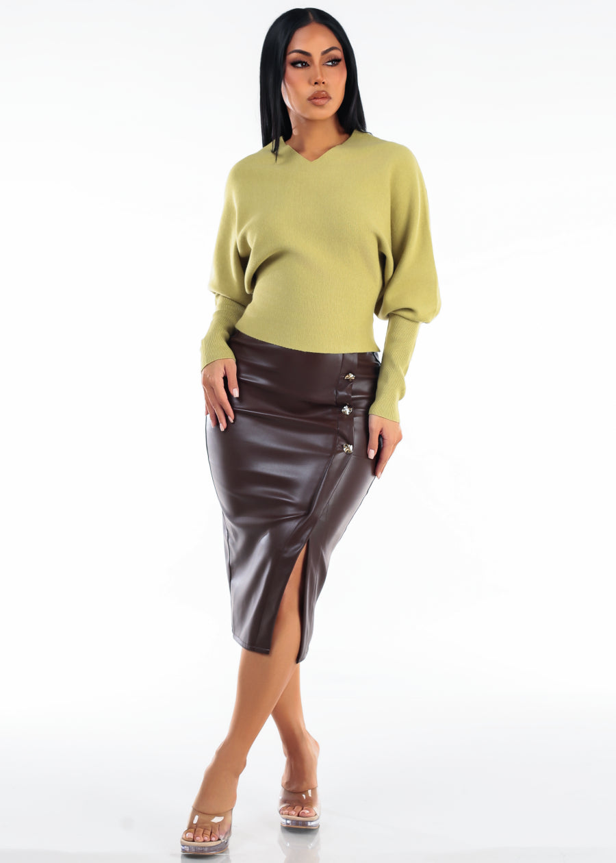 High Waist Vegan Leather Midi Pencil Skirt Brown w Gold Buttons, view 2 of 5