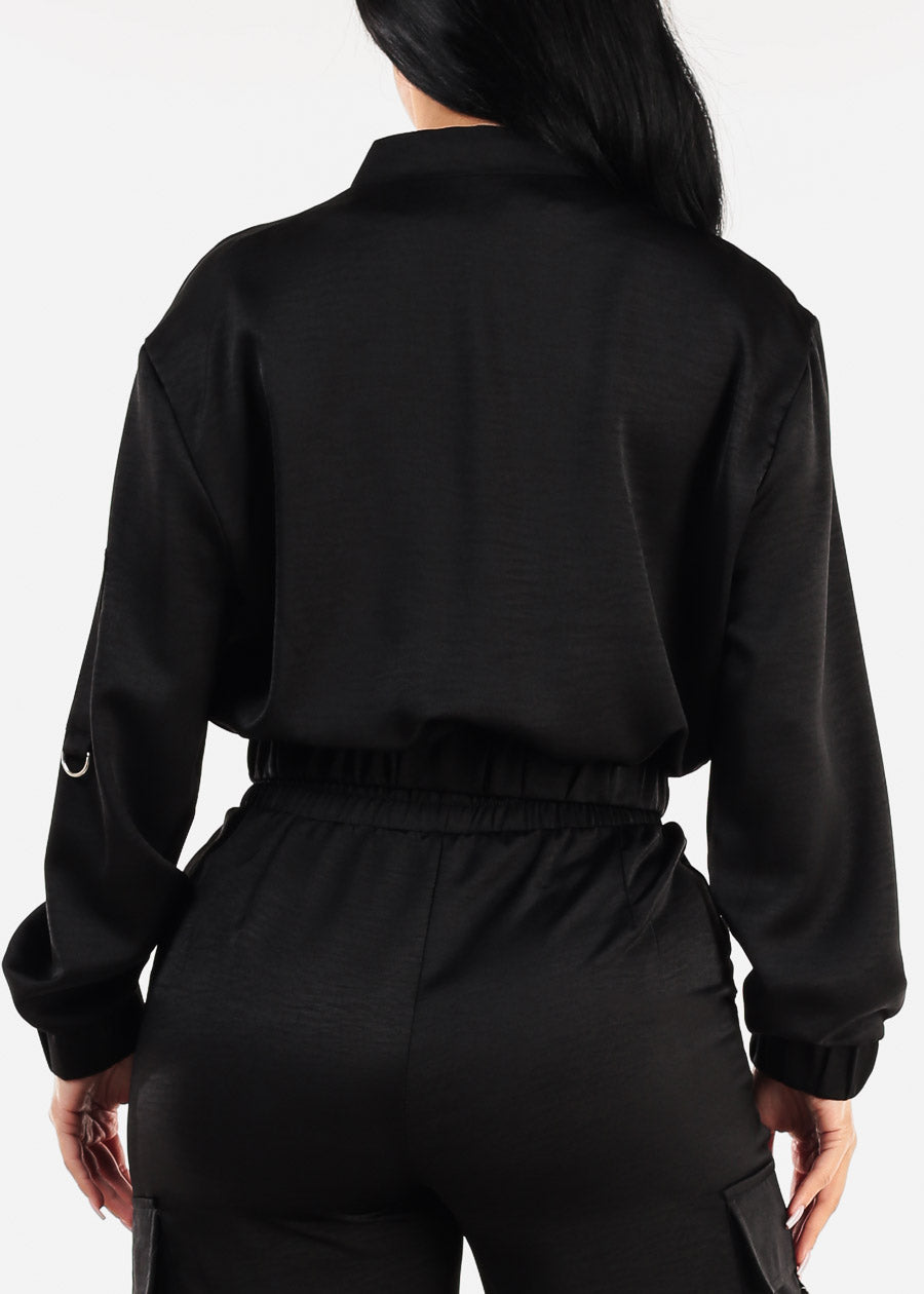 Long Sleeve Black Zip Up Satin Bomber Jacket