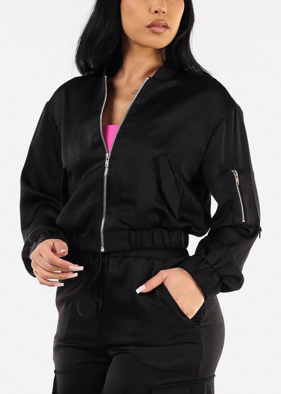 Long Sleeve Black Zip Up Satin Bomber Jacket