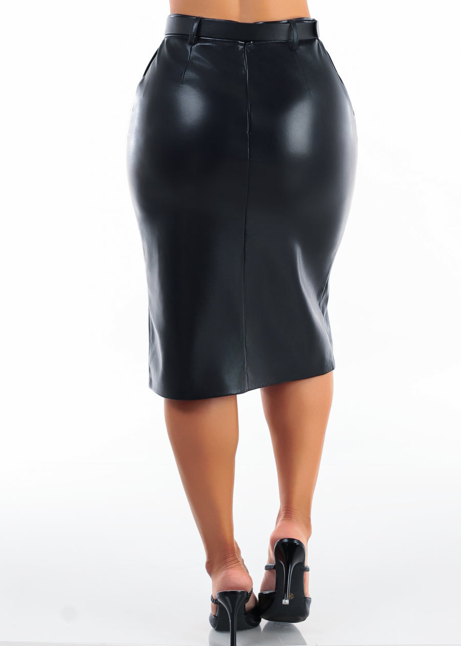Belted High Waist Vegan Leather Midi Pencil Skirt Black, view 4 of 5