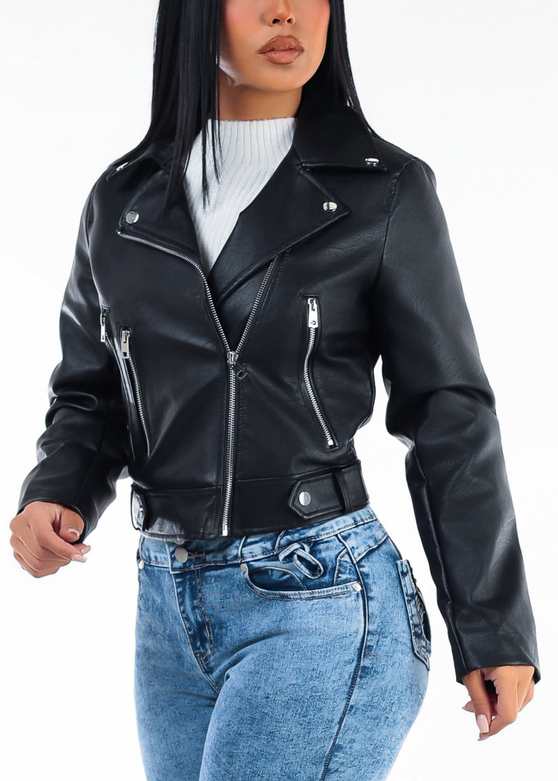 Zip Up Long Sleeve Vegan Leather Black Moto Jacket