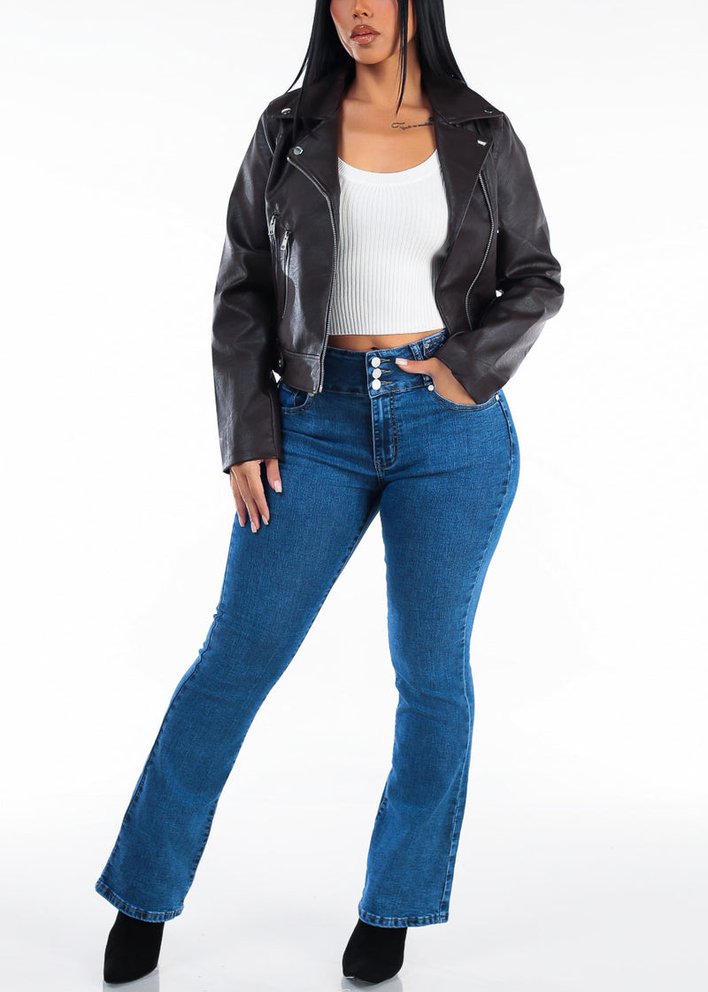 Zip Up Long Sleeve Vegan Leather Moto Jacket Brown