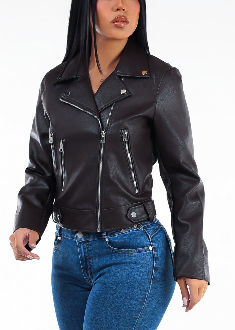 Zip Up Long Sleeve Vegan Leather Moto Jacket Brown