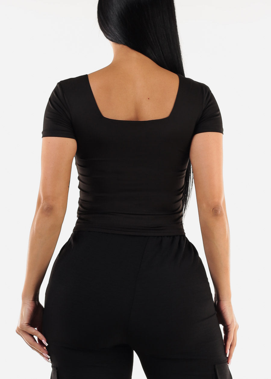 Double Layered Square Neck Black Crop Top