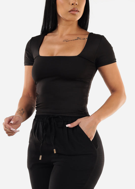 Double Layered Square Neck Black Crop Top