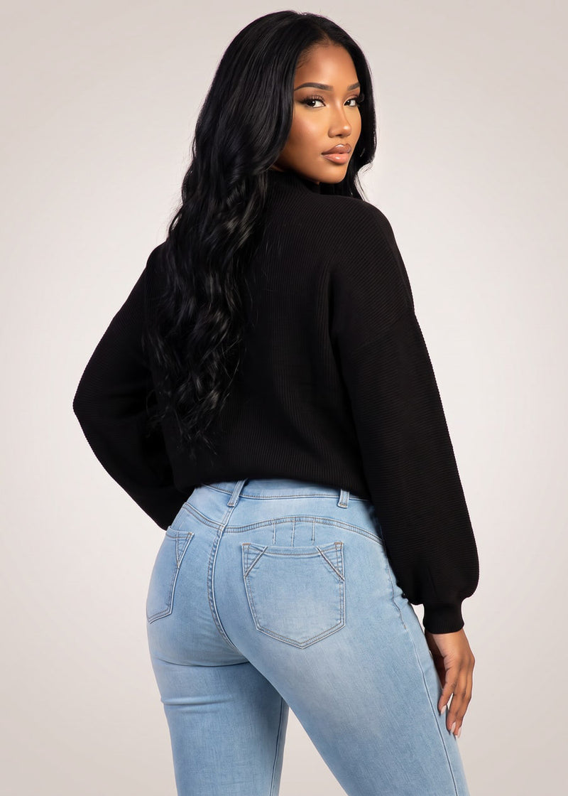 Long Sleeve Mock Neck Brushed Rib Stretch Sweater Black