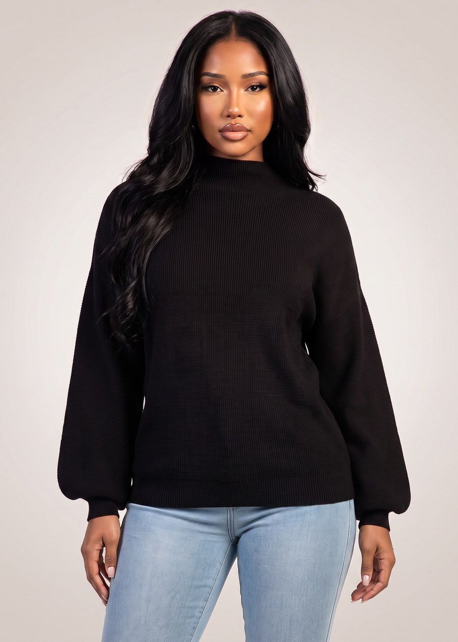 Long Sleeve Mock Neck Brushed Rib Stretch Sweater Black, view 3 of 4