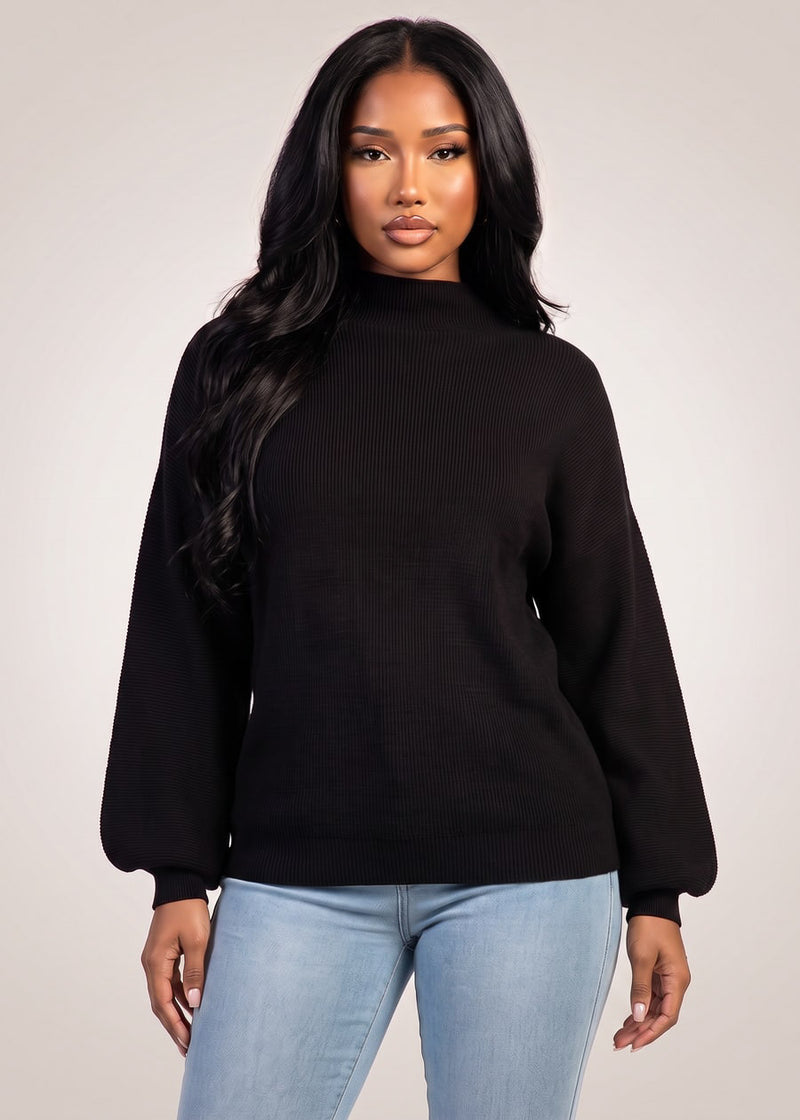 Long Sleeve Mock Neck Brushed Rib Stretch Sweater Black